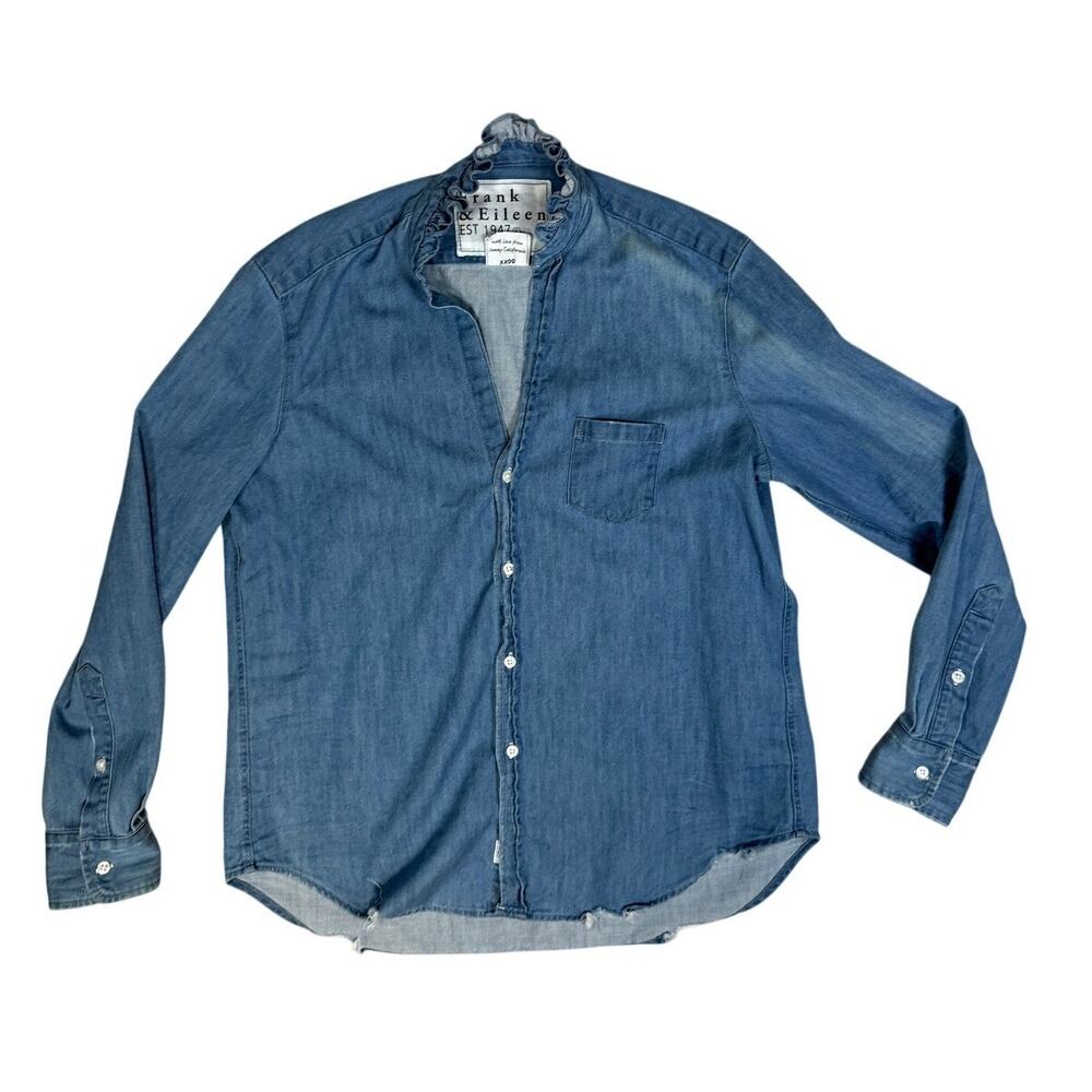 Frank & Eileen Ruffle Relaxed Fit Eileen Denim Button Down Shirt Blue XS